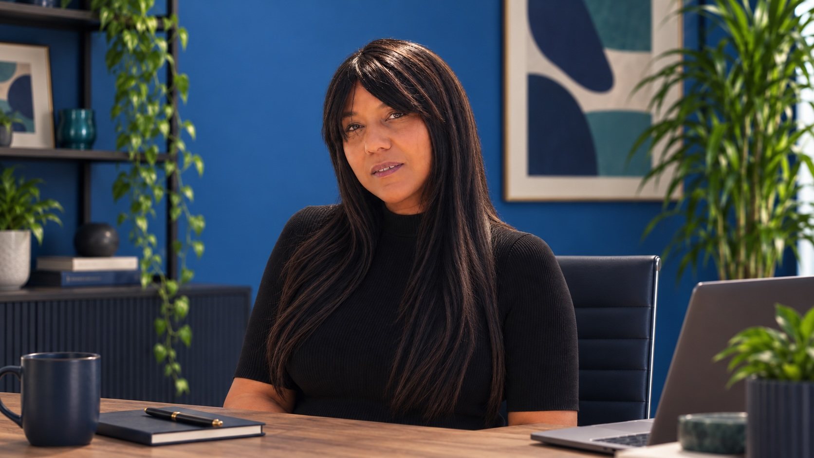 Marie Alice Belmont, co-founder of RestCore, seated at a desk with a blue wall, artwork, and plants behind her.