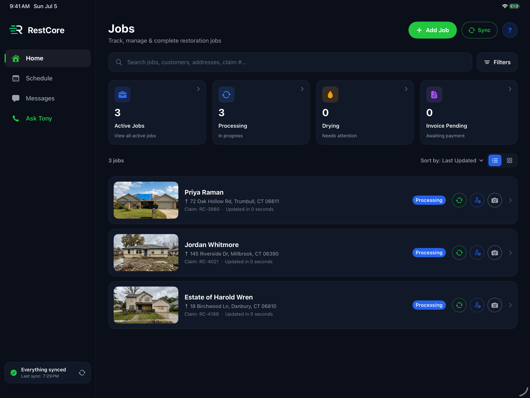 RestCore iPad jobs list