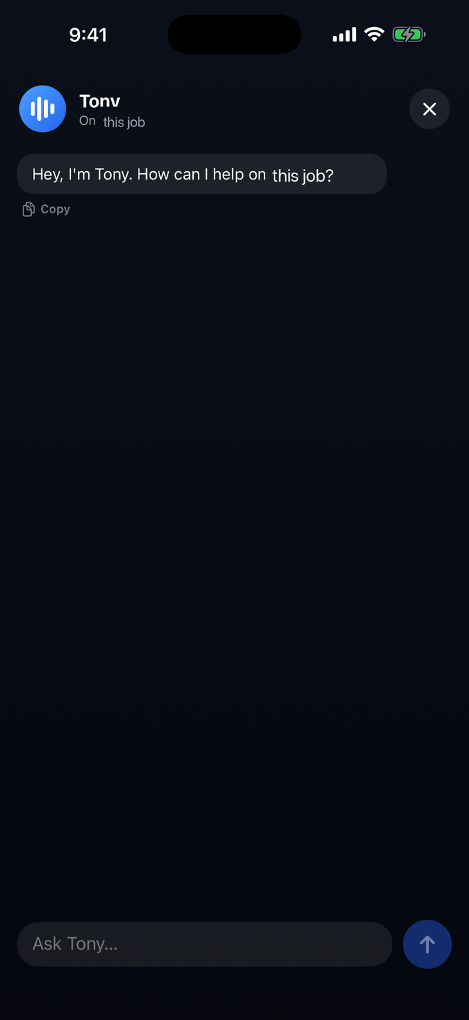 Ask Tony chat on the RestCore field app