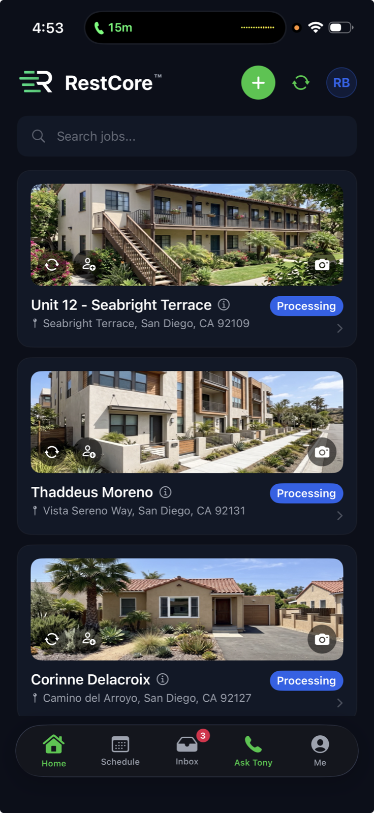 RestCore iPhone app showing a list of plumbing jobs with photos, addresses, and status
