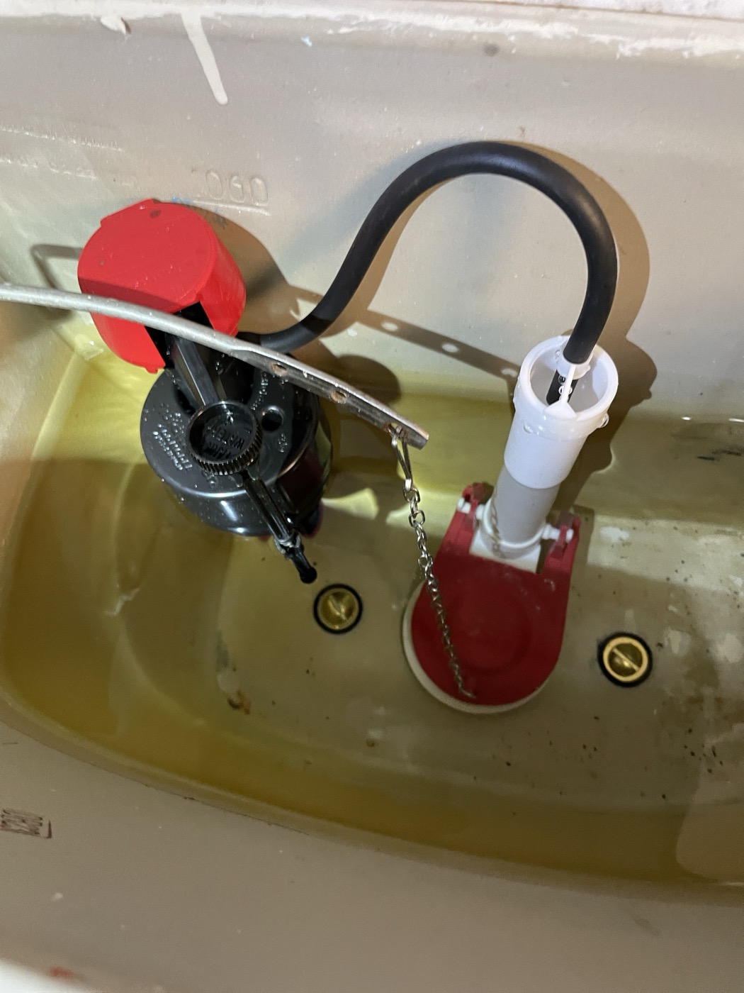 Toilet tank interior with fill and flush assemblies during a rebuild