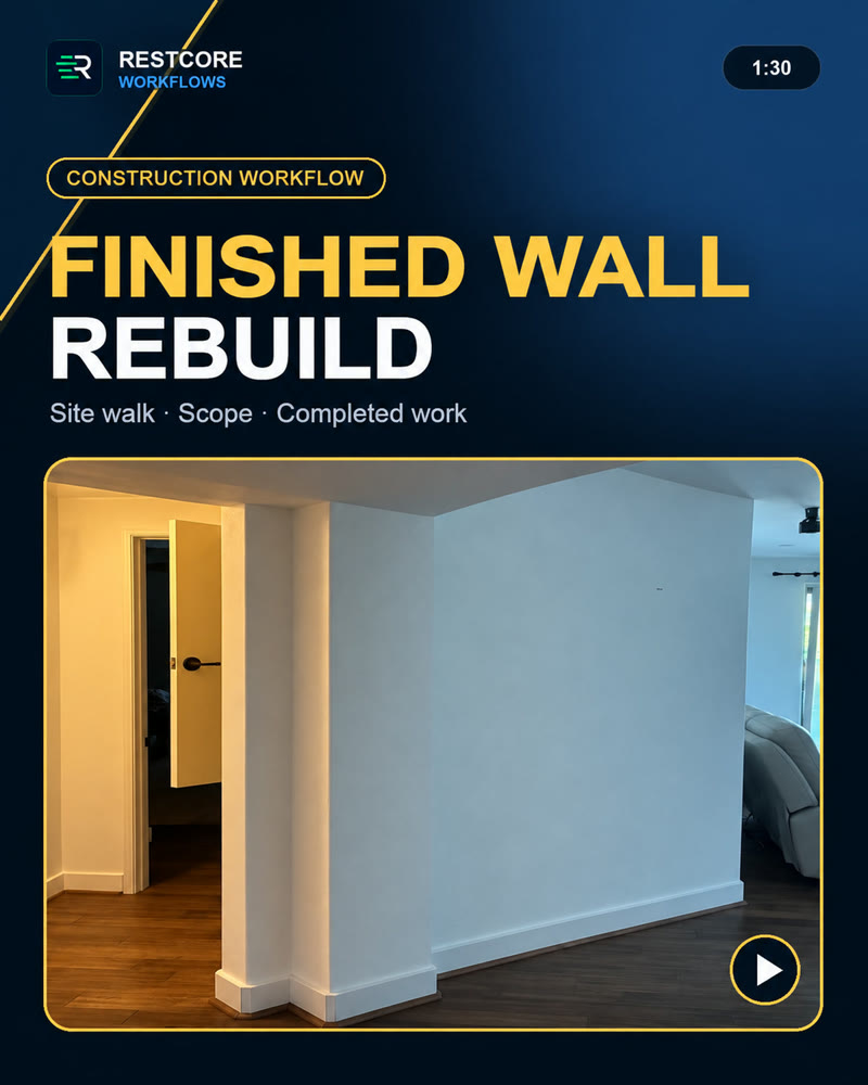 Construction workflow cover: a rebuilt wall, finished and painted, with new baseboard at a hallway doorway.