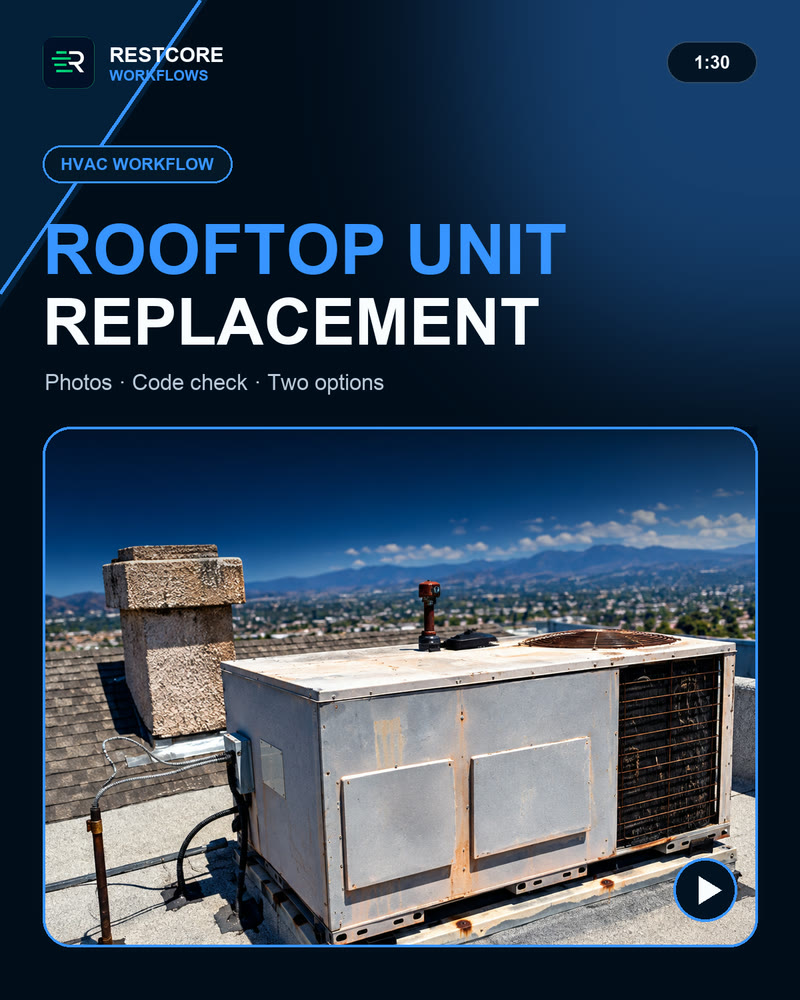 HVAC workflow cover: an aging packaged unit on a residential rooftop.