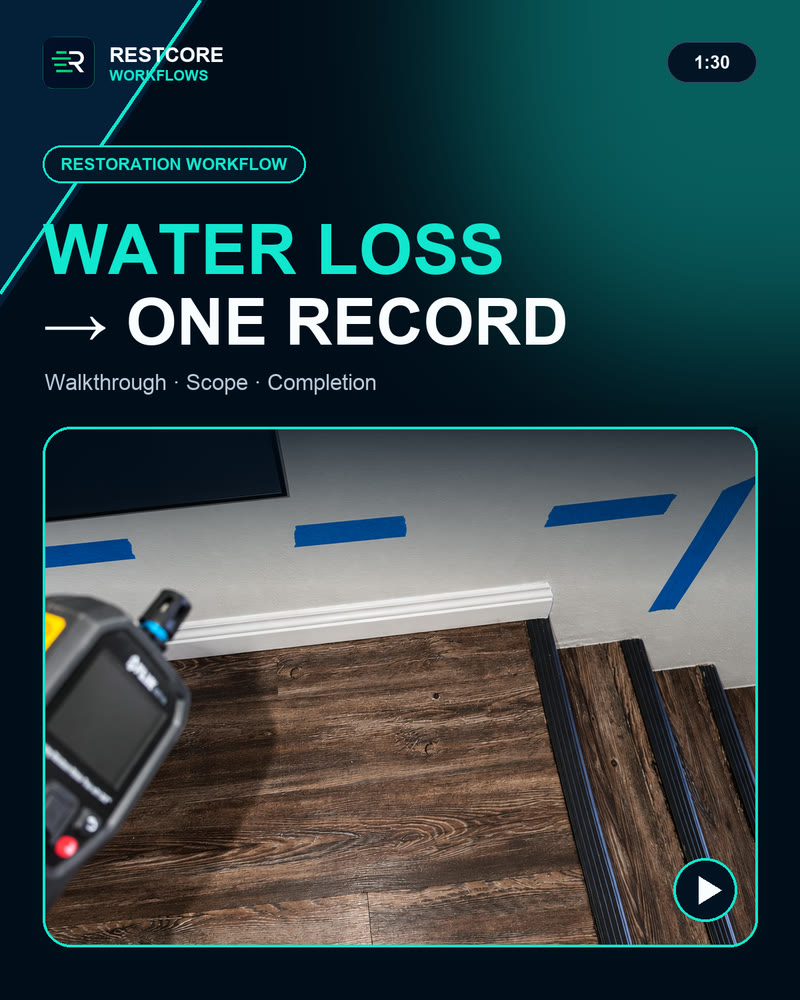 Restoration workflow cover: a moisture meter on a water-damaged floor with the flood-cut line taped on the wall.